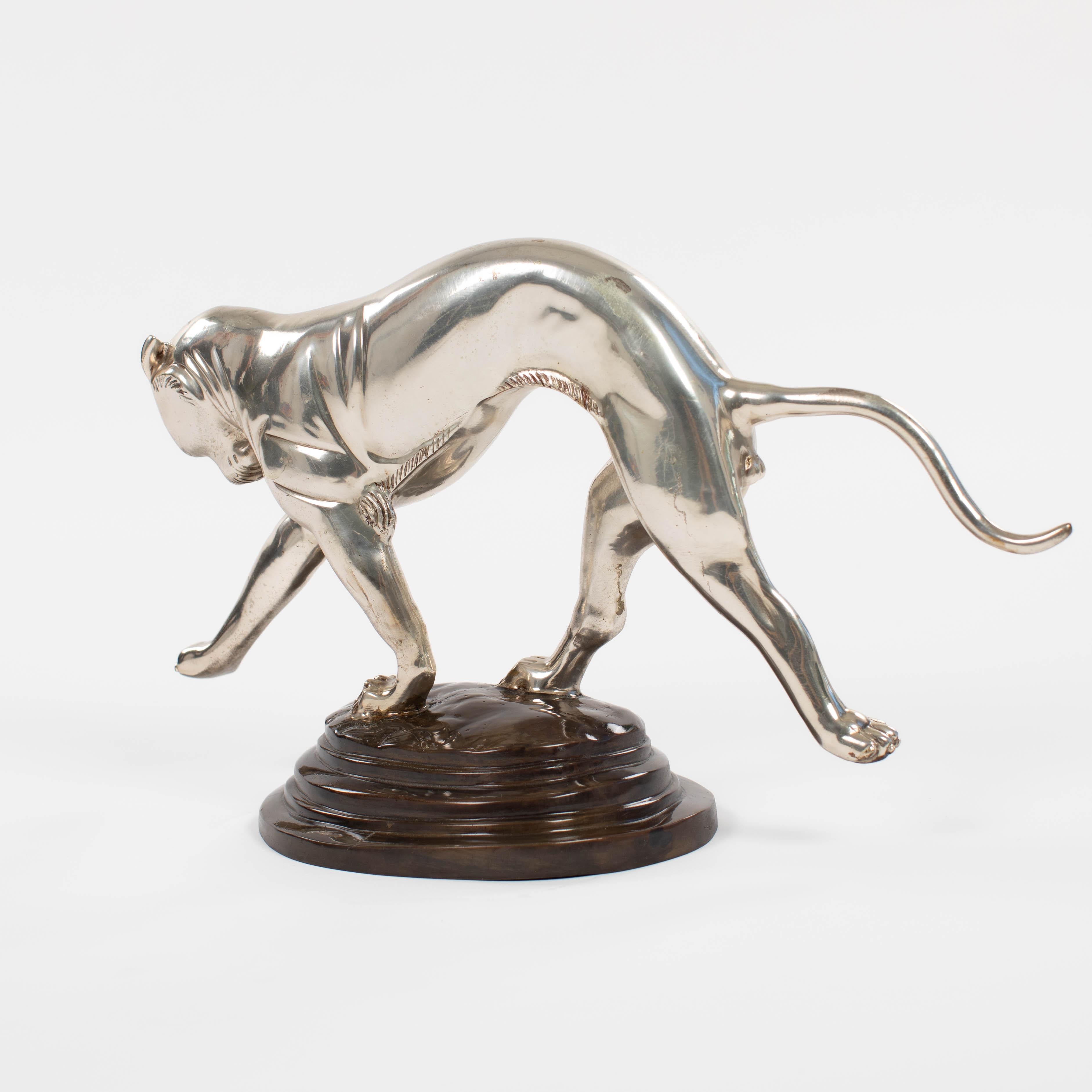 Early 20th Century French Art Déco Panther Sculpture in Dynamic Movement Cast Bronze Silvered 1920s For Sale