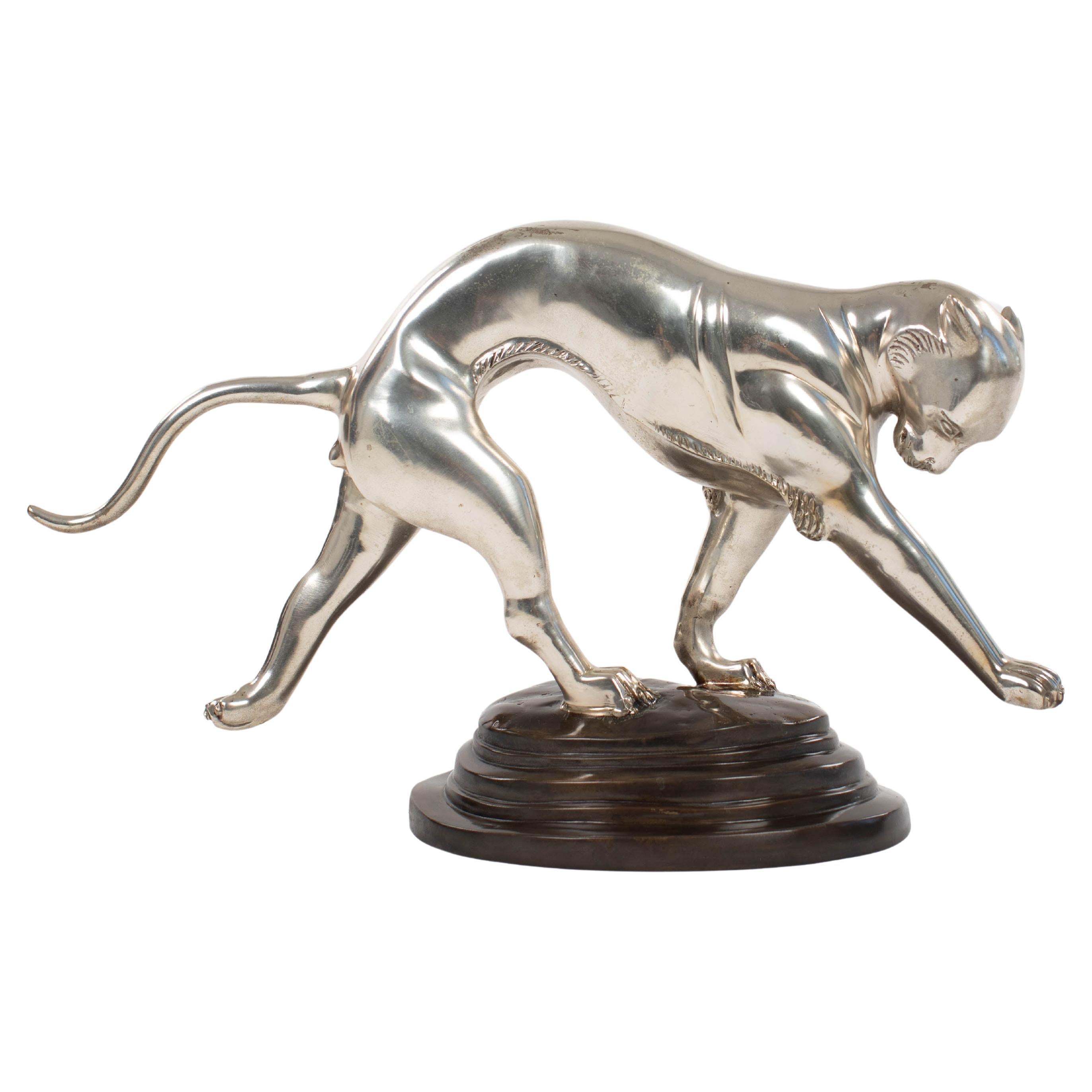 French Art Déco Panther Sculpture in Dynamic Movement Cast Bronze Silvered 1920s For Sale