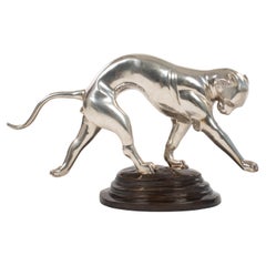 Antique French Art Déco Panther Sculpture in Dynamic Movement Cast Bronze Silvered 1920s