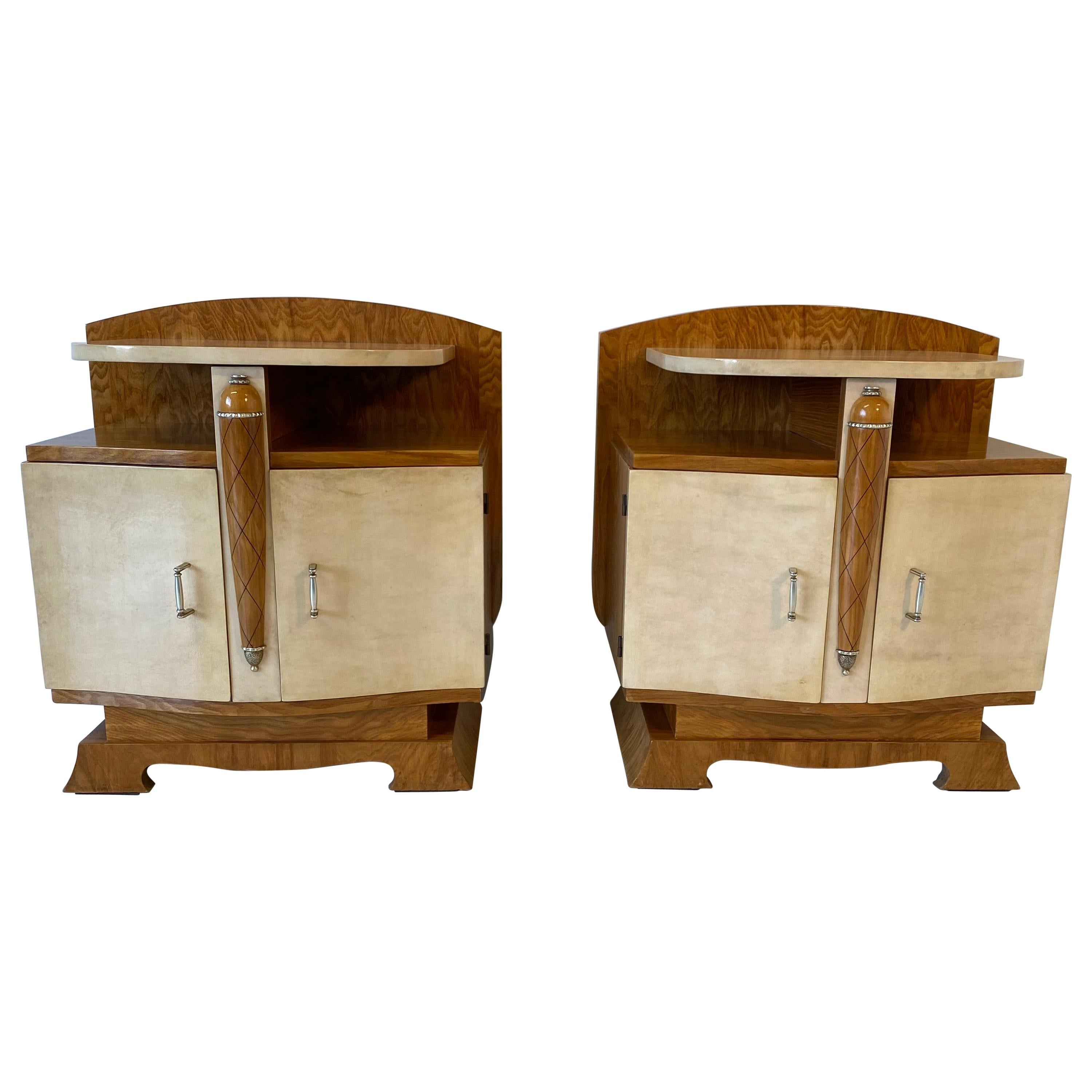 French Art Deco Parchment And Ash Tree Nightstands, 1930s