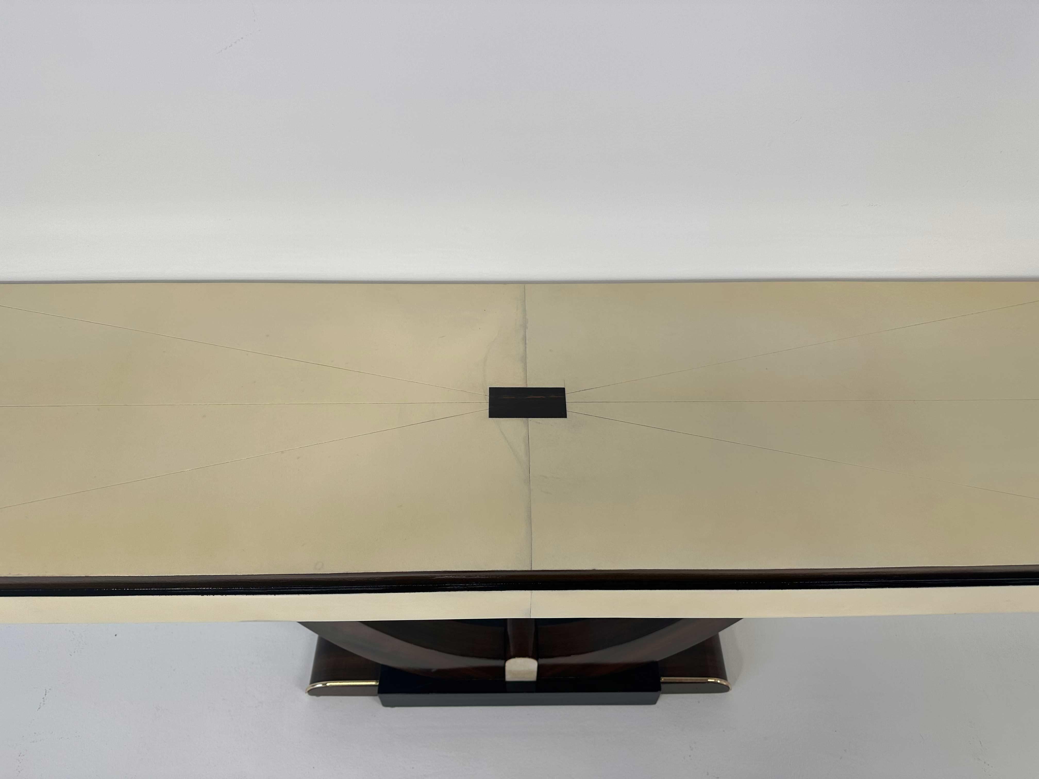 French Art Deco Parchment, Macassar Ebony, Brass Pair Of Twin Consoles, 1930s For Sale 3