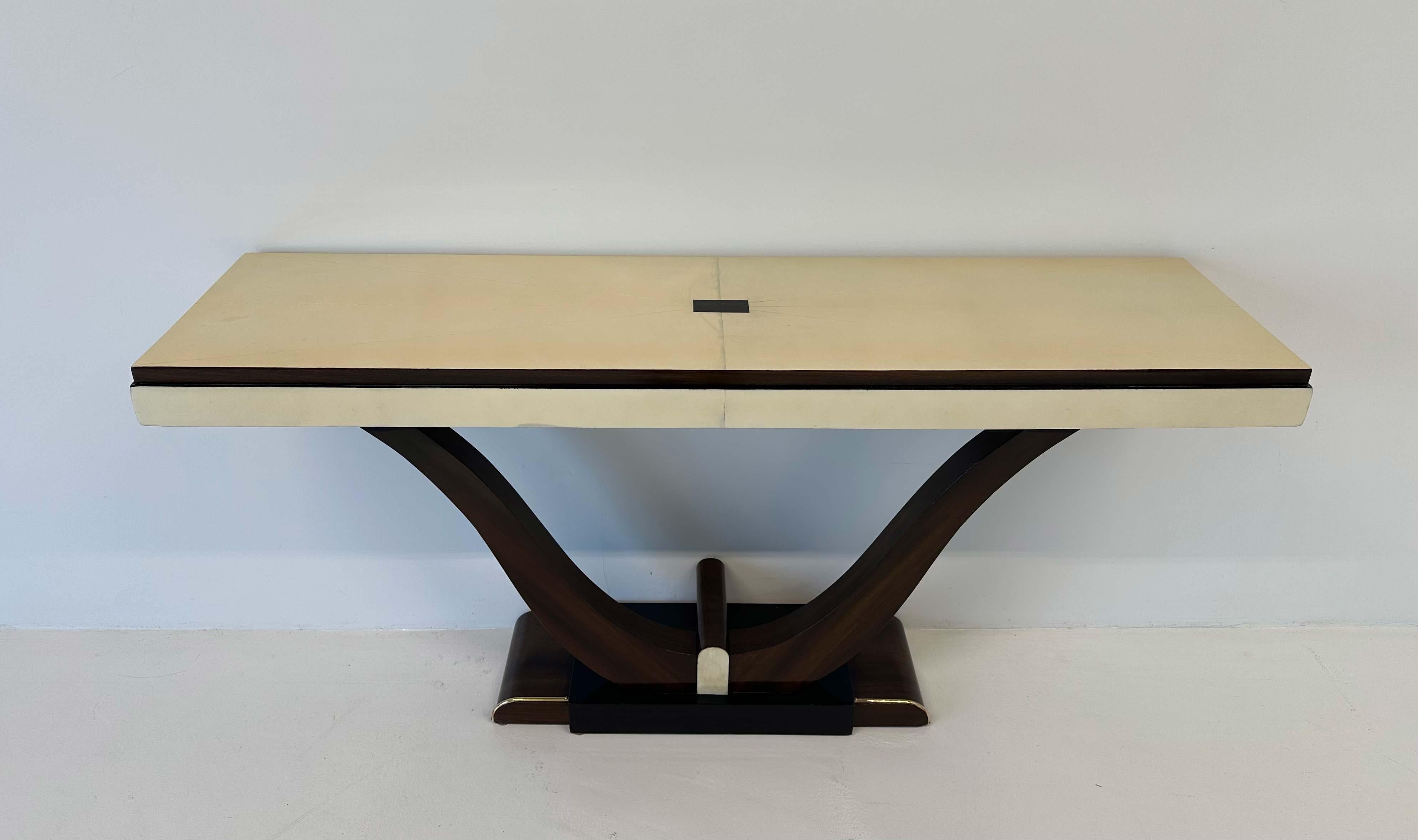 French Art Deco Parchment, Macassar Ebony, Brass Console, 1930s In Good Condition In Meda, MB