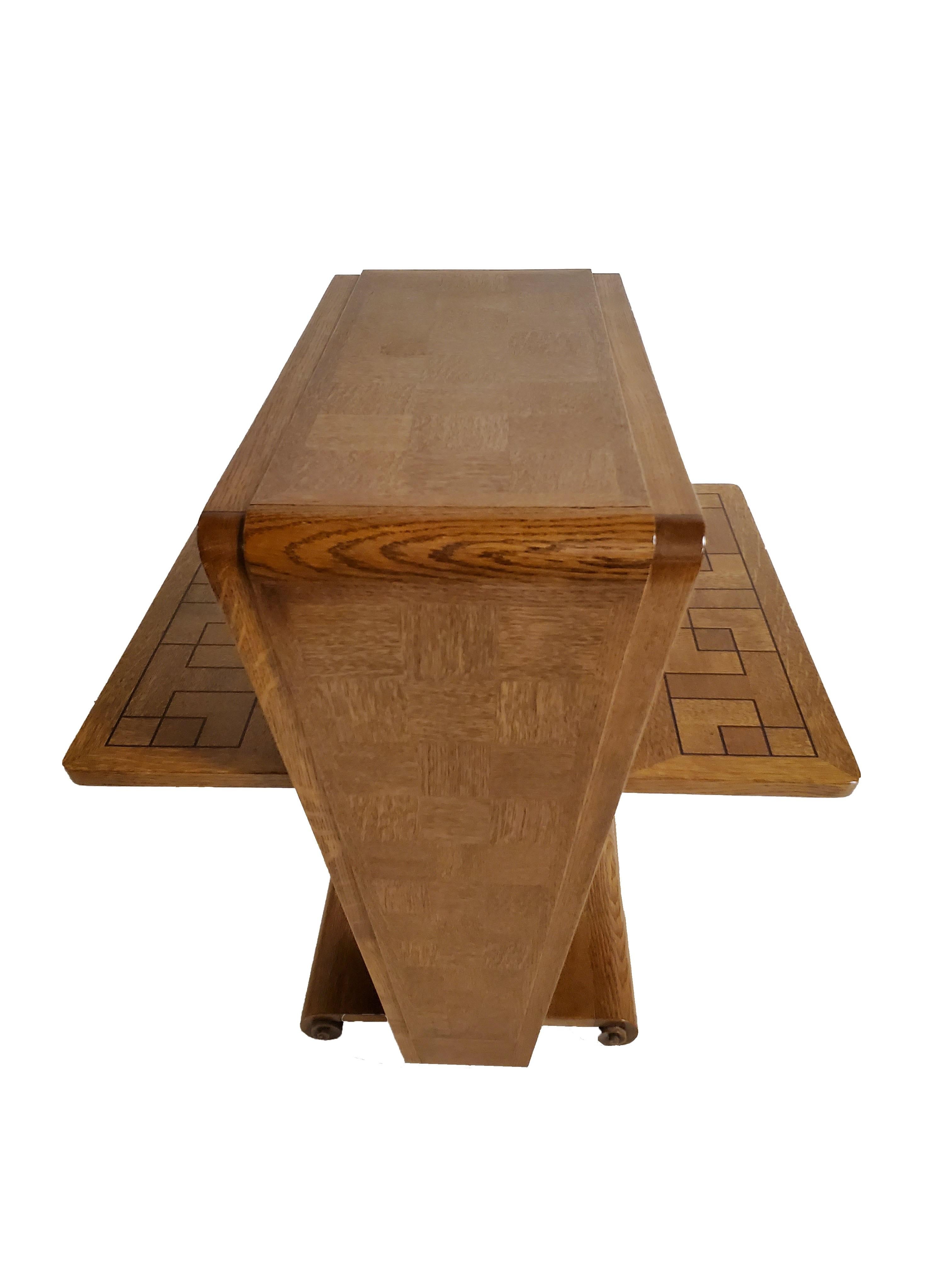 20th Century French Art Deco Parquetry Inlaid Oak Winged Side/ End/ Night Table A. Sornay  For Sale