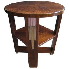 French Art Deco Parquetry Inlaid Rosewood Side Table, Circular with Square Shelf