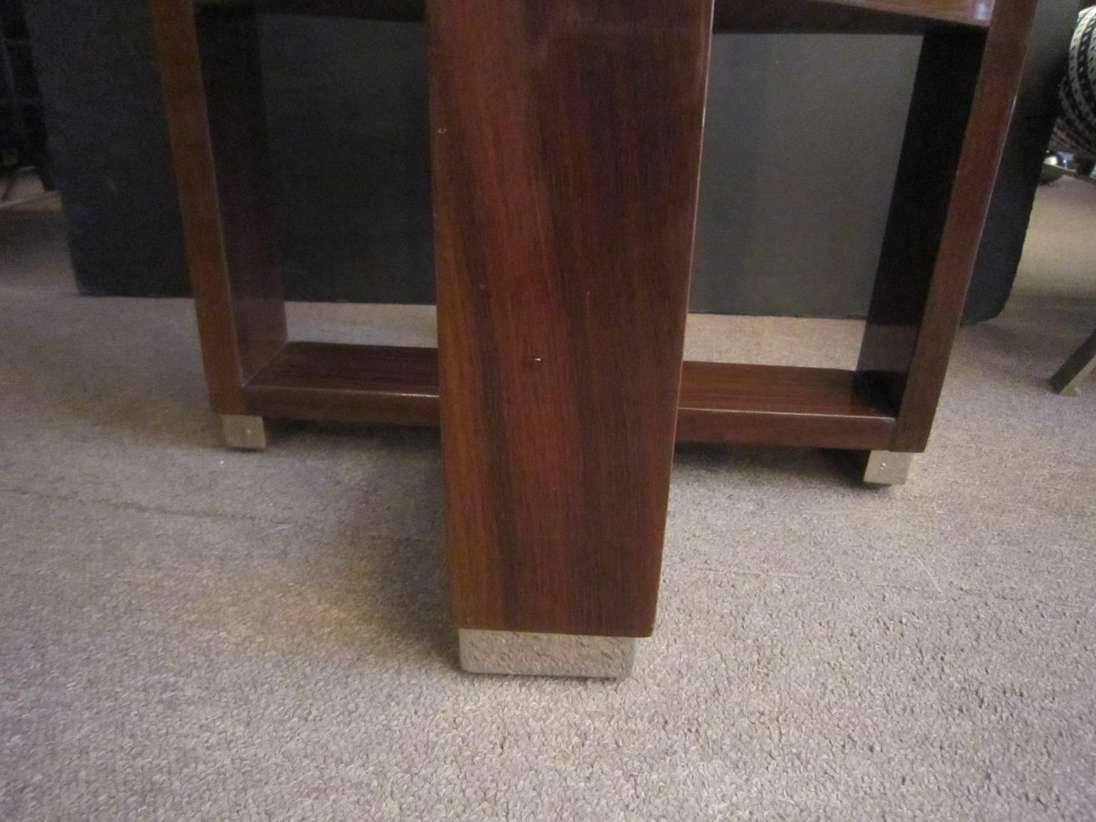 French Art Deco Parquetry Inlaid Rosewood Side Table, Circular with Square Shelf 5