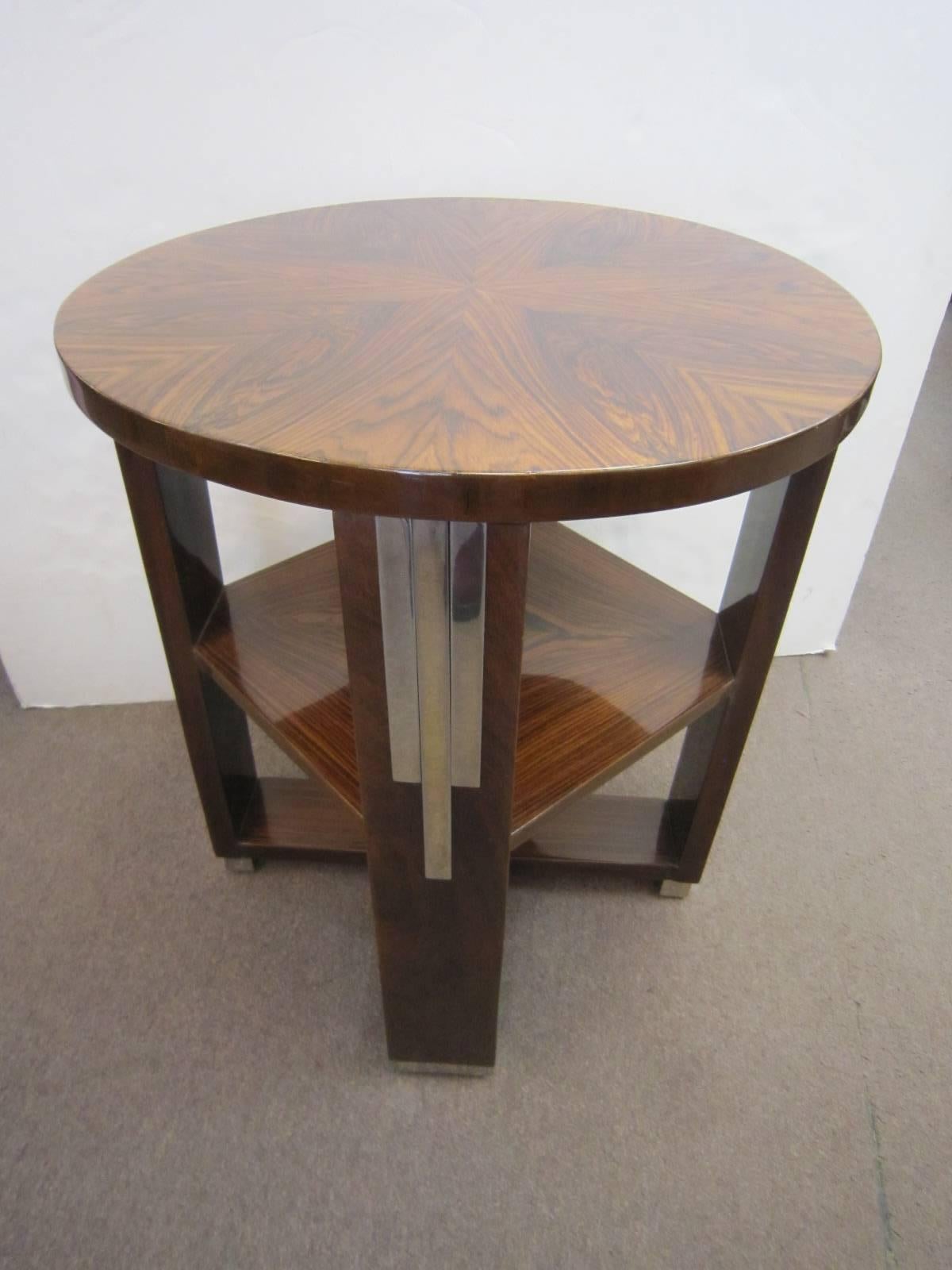 French Art Deco Parquetry Inlaid Rosewood Side Table, Circular with Square Shelf 6