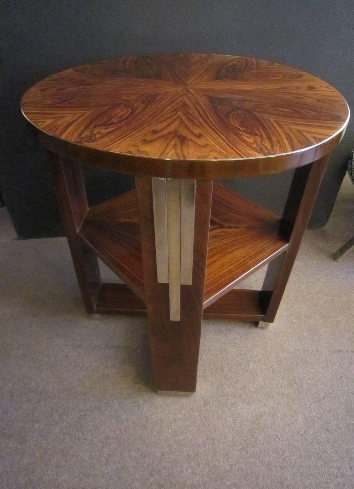French Art Deco Parquetry Inlaid Rosewood Side Table, Circular with Square Shelf 7