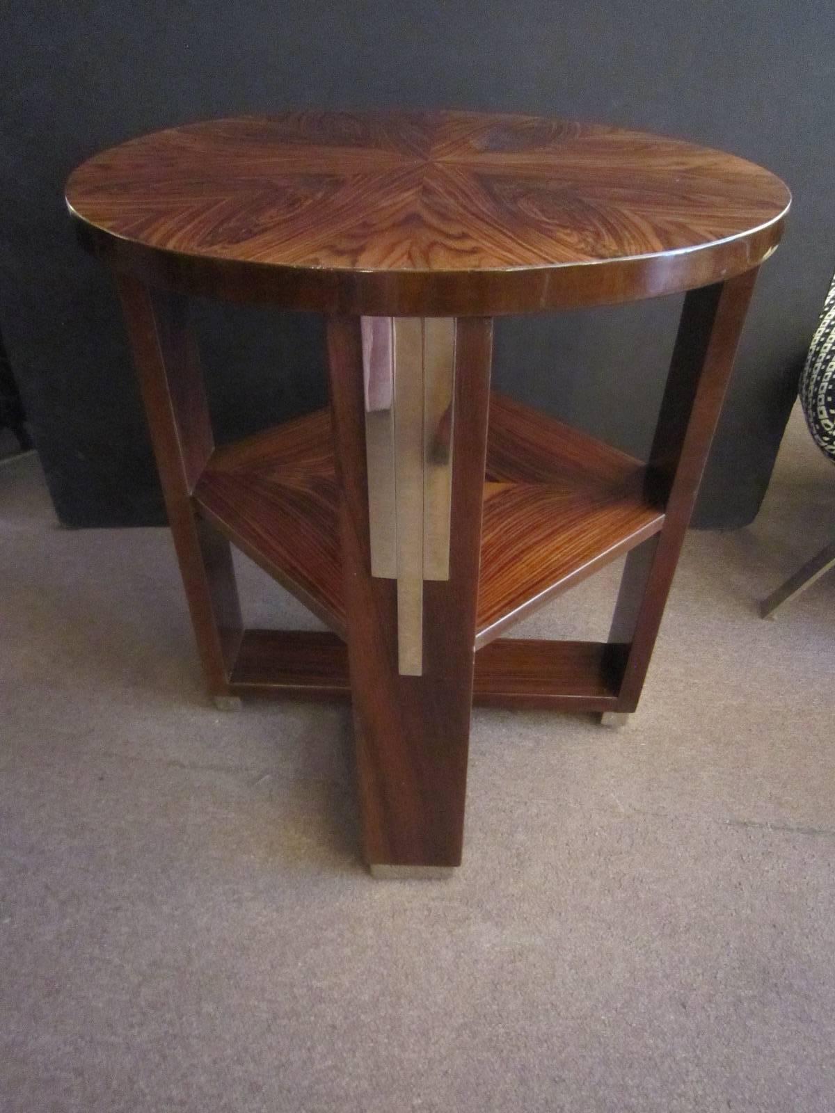 French Art Deco Parquetry Inlaid Rosewood Side Table, Circular with Square Shelf In Good Condition In New York City, NY