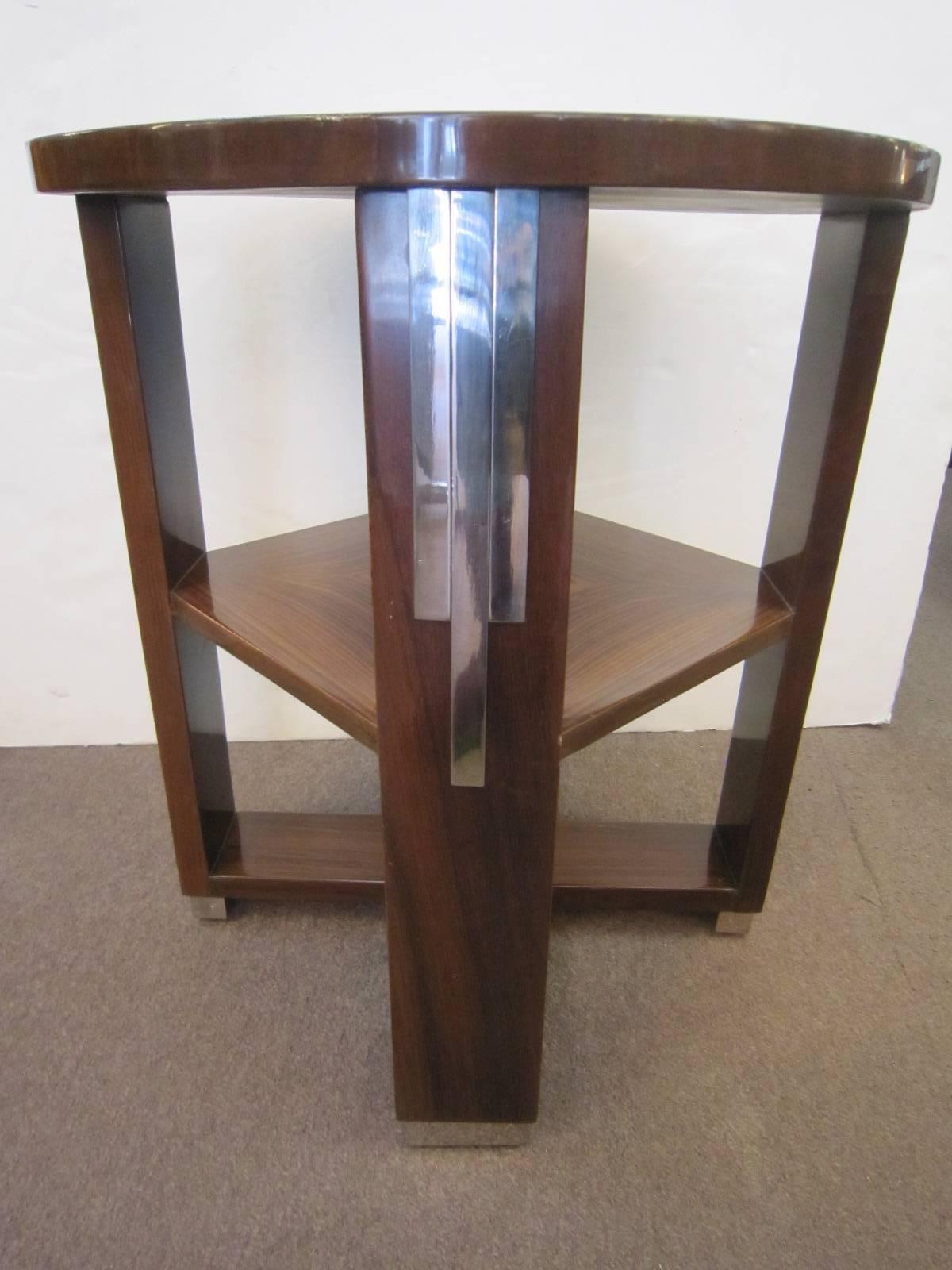 French Art Deco Parquetry Inlaid Rosewood Side Table, Circular with Square Shelf 1