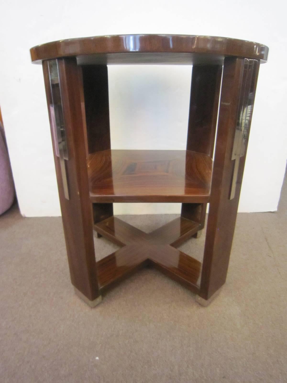 French Art Deco Parquetry Inlaid Rosewood Side Table, Circular with Square Shelf 2