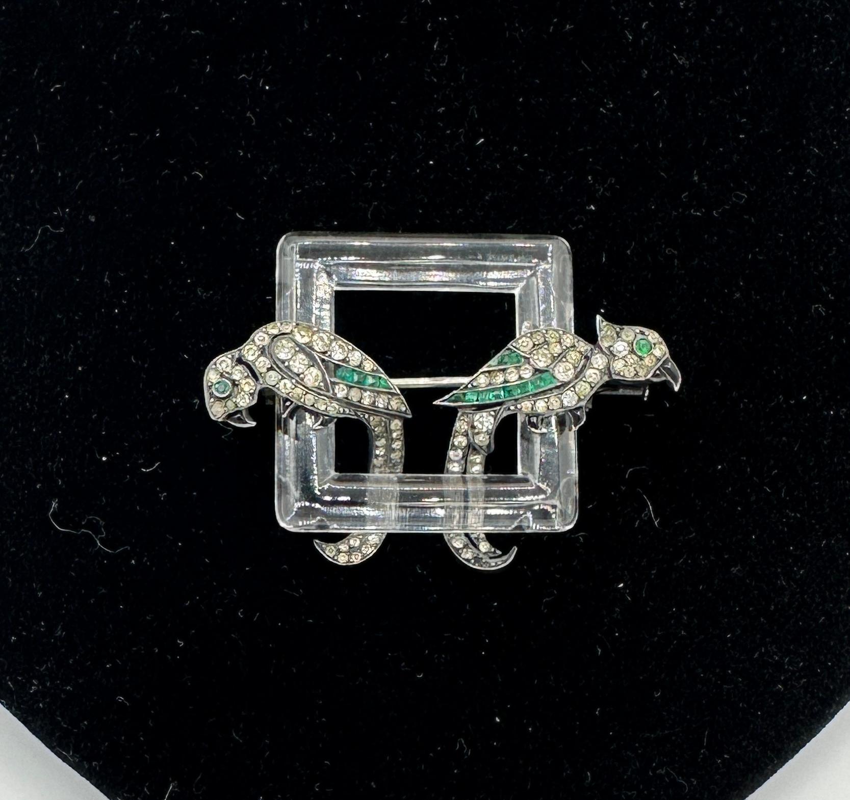 Französische Art Deco Papagei-Vogel-Brosche Pin Bergkristall-Sterlingsilber-Sterlingsilber Schwarzer Onyx (Cabochon) im Angebot