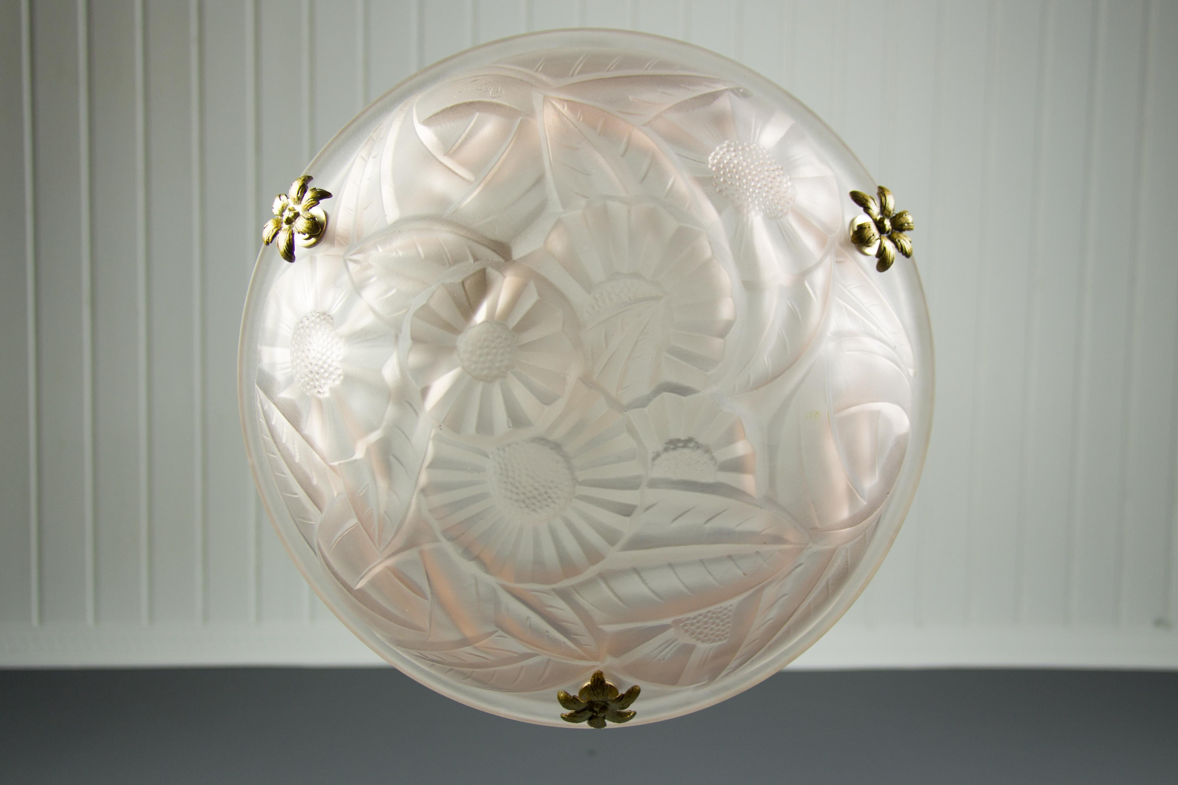 French Art Deco Pastel Pink Frosted Glass Pendant Chandelier Signed Degué, 1920s 8
