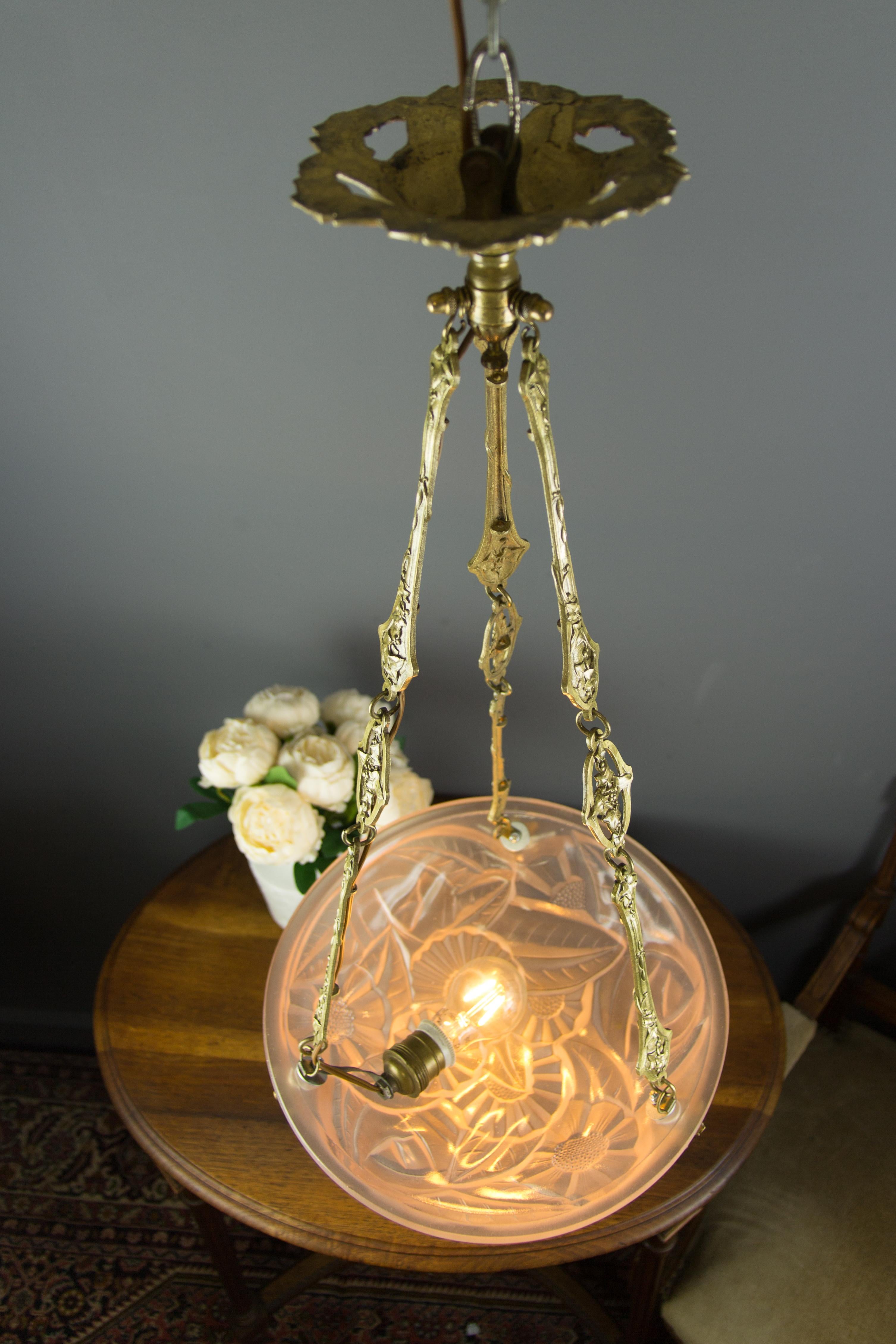 French Art Deco Pastel Pink Frosted Glass Pendant Chandelier Signed Degué, 1920s 3