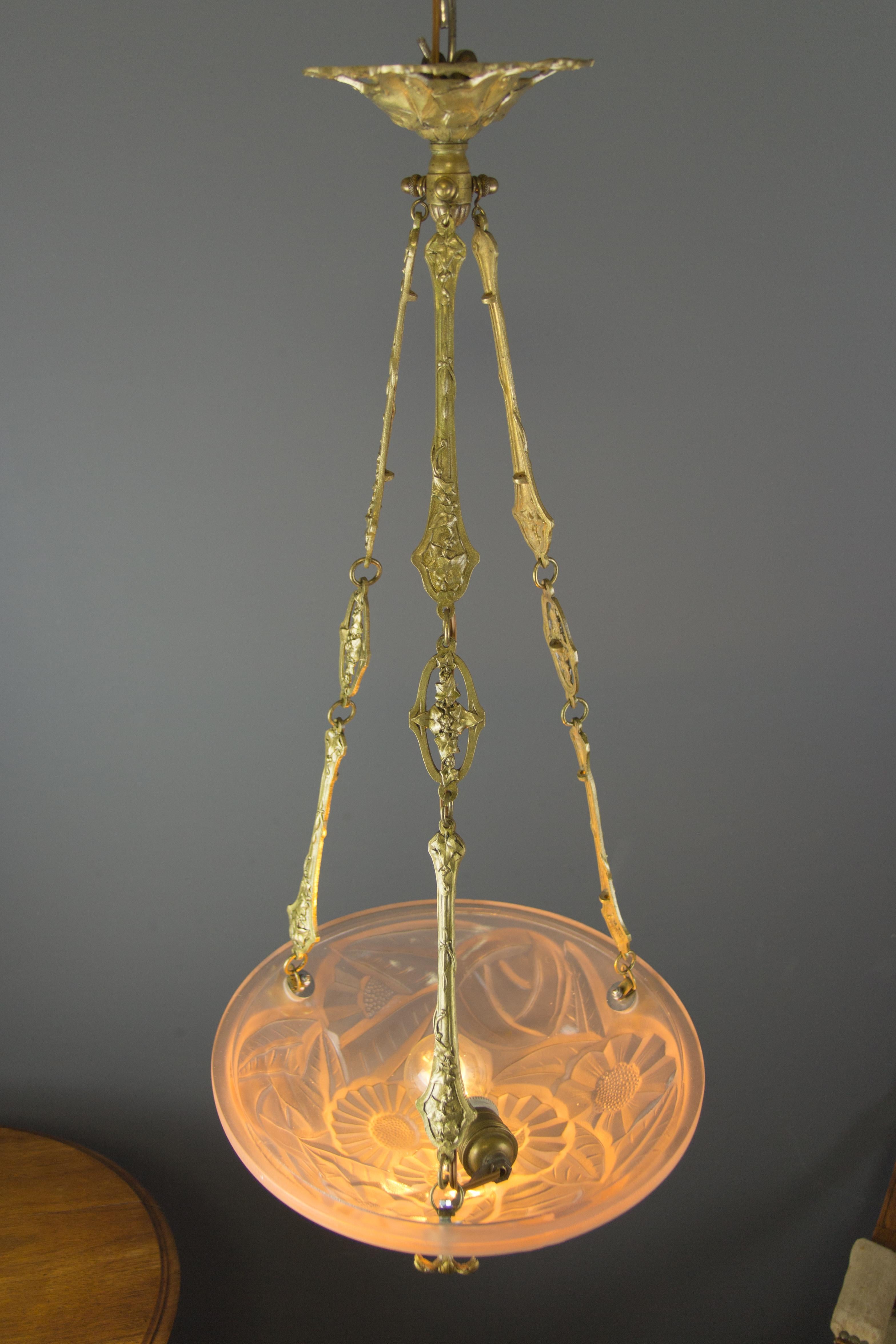 French Art Deco Pastel Pink Frosted Glass Pendant Chandelier Signed Degué, 1920s 4