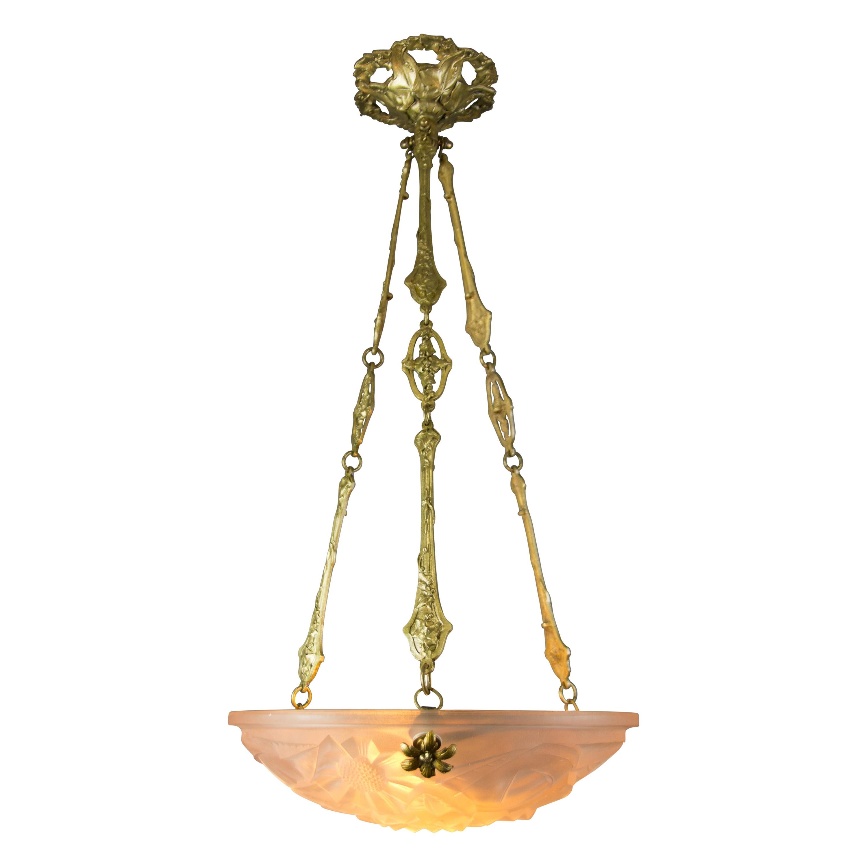 French Art Deco Pastel Pink Frosted Glass Pendant Chandelier Signed Degué, 1920s