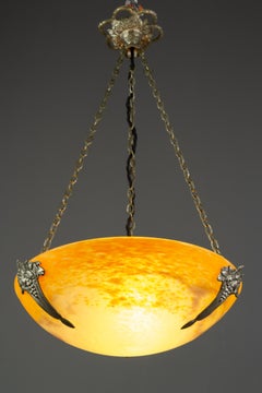French Art Deco Pate de Verre Glass Bowl Chandelier by Jean Noverdy, 1920s