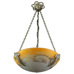 Antique French Art Deco Pate de Verre Glass Bowl Chandelier by Jean Noverdy, 1920s