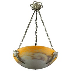 French Art Deco Pate de Verre Glass Bowl Chandelier by Jean Noverdy, 1920s