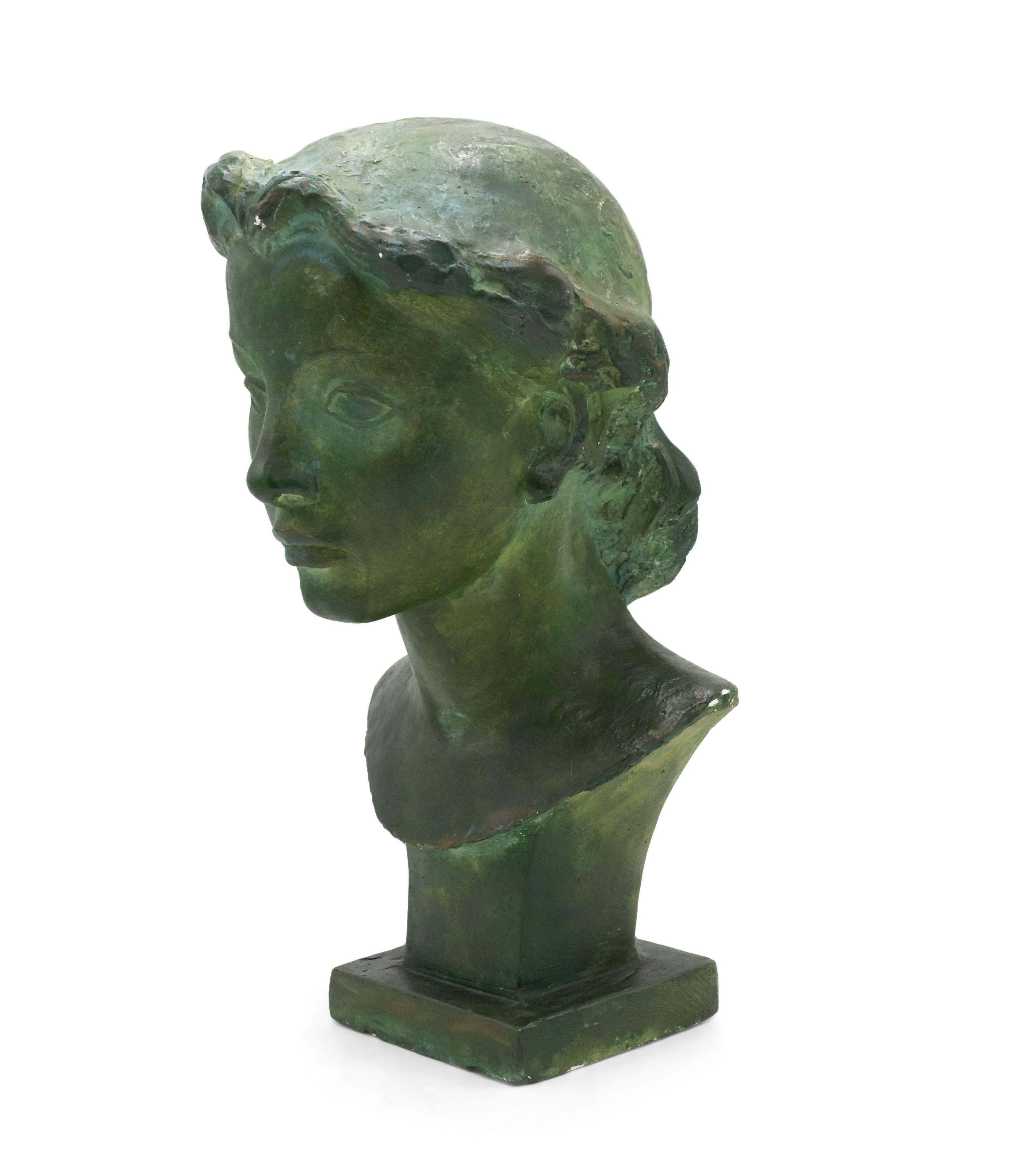 2 French Art Deco (1930s) green patina plaster busts of young women (signed: VADIM ANDROUSOV) (PRICED EACH).
 