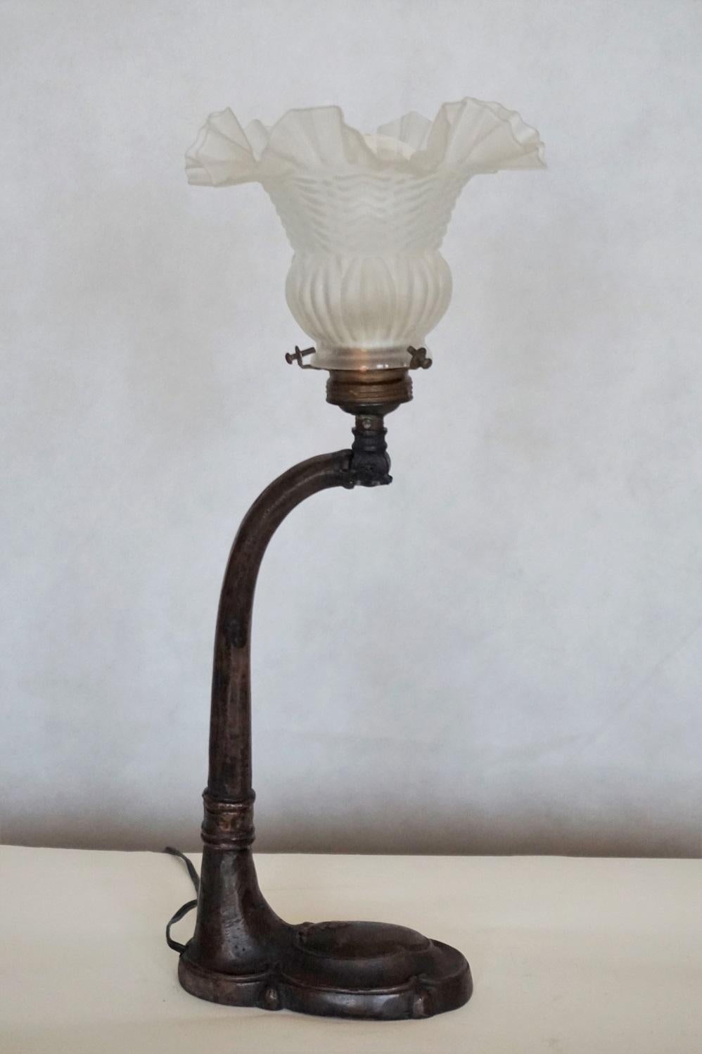 French Art Deco Patinated Bronze Table Lamp with Art Glass Shade, 1910-1920 3