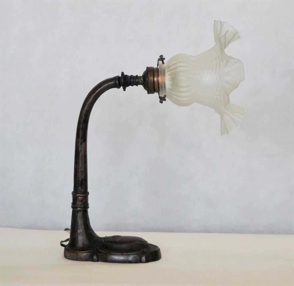 French Art Deco Patinated Bronze Table Lamp with Art Glass Shade, 1910-1920 5