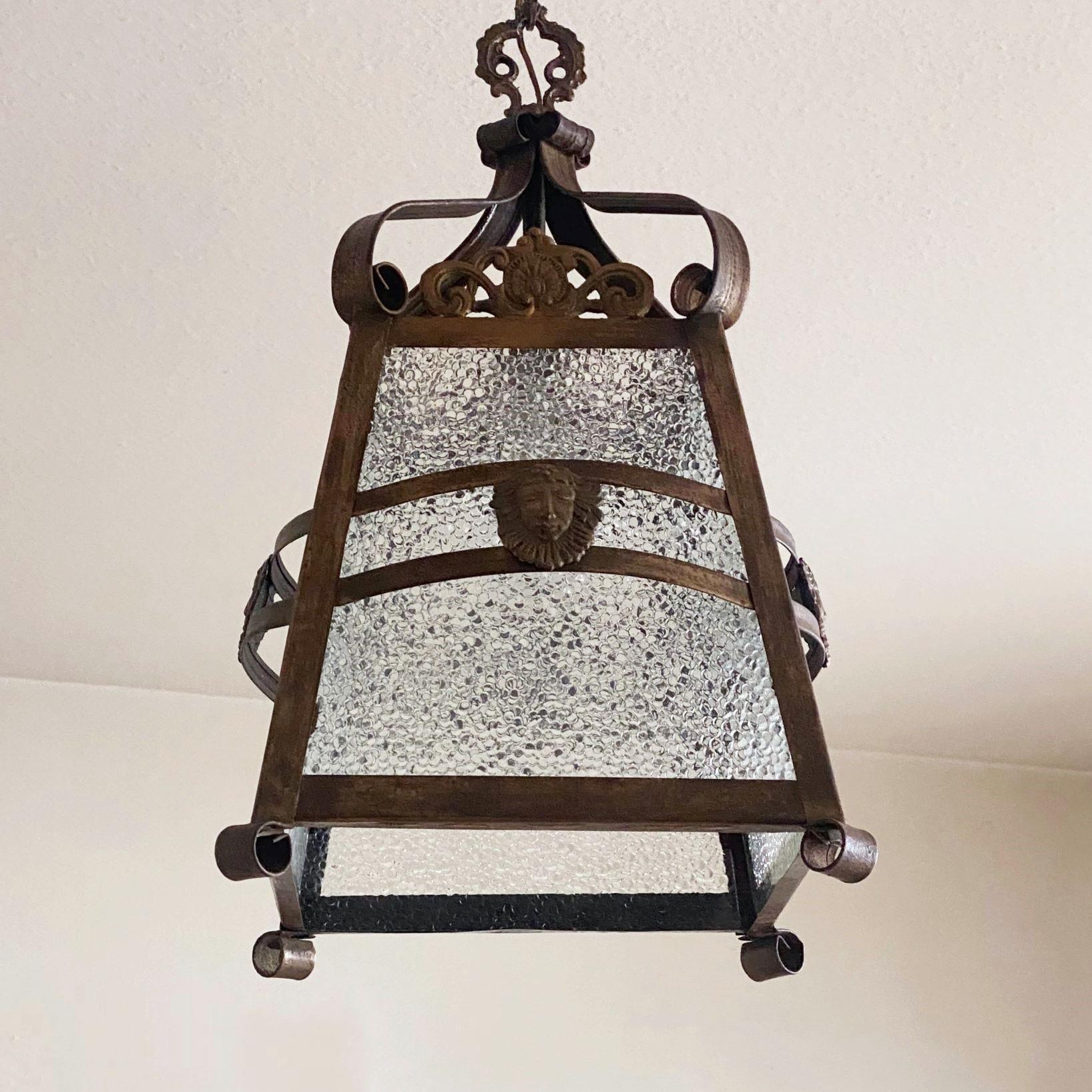 French Art Deco Patinated Iron, Bronze and Glass Four-Sided Lantern, 1930s For Sale 6