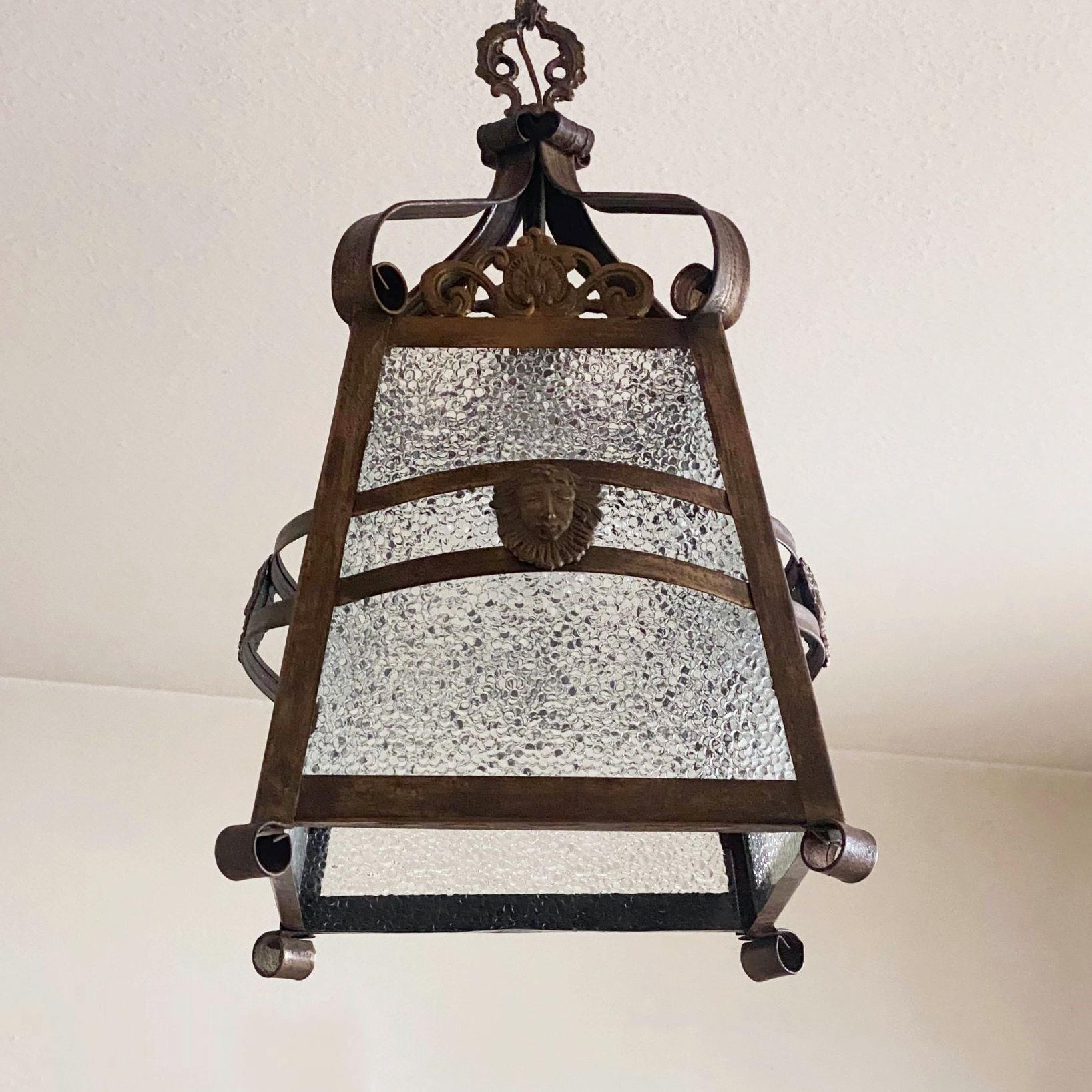 Lanterne à quatre faces Art Déco française en fer patiné, bronze et verre, années 1930 en vente 2