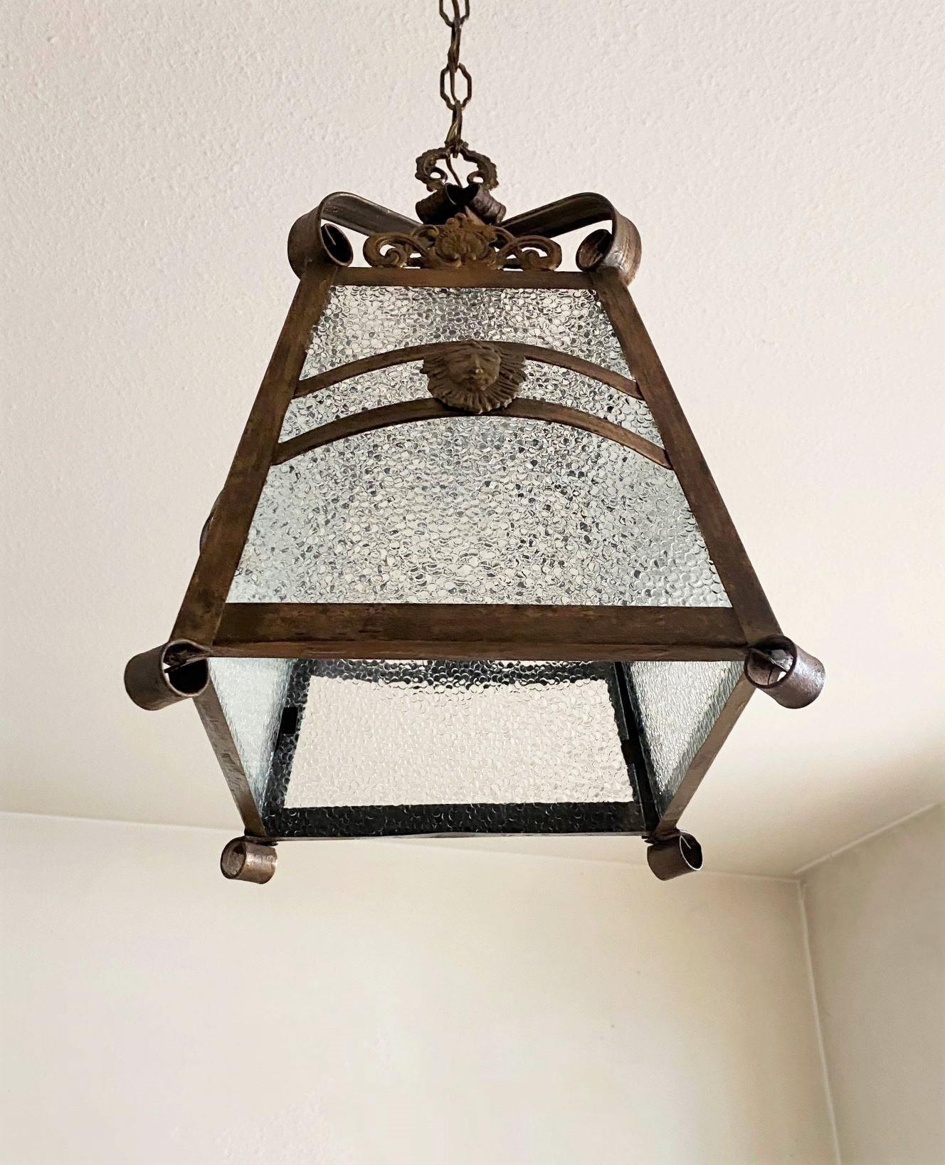 French Art Deco Patinated Iron, Bronze and Glass Four-Sided Lantern, 1930s For Sale 7