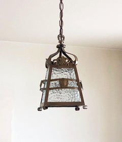 Französische vierseitige Art-Déco-Laterne aus patinierter Eisenbronze und Glas, 1930er Jahre