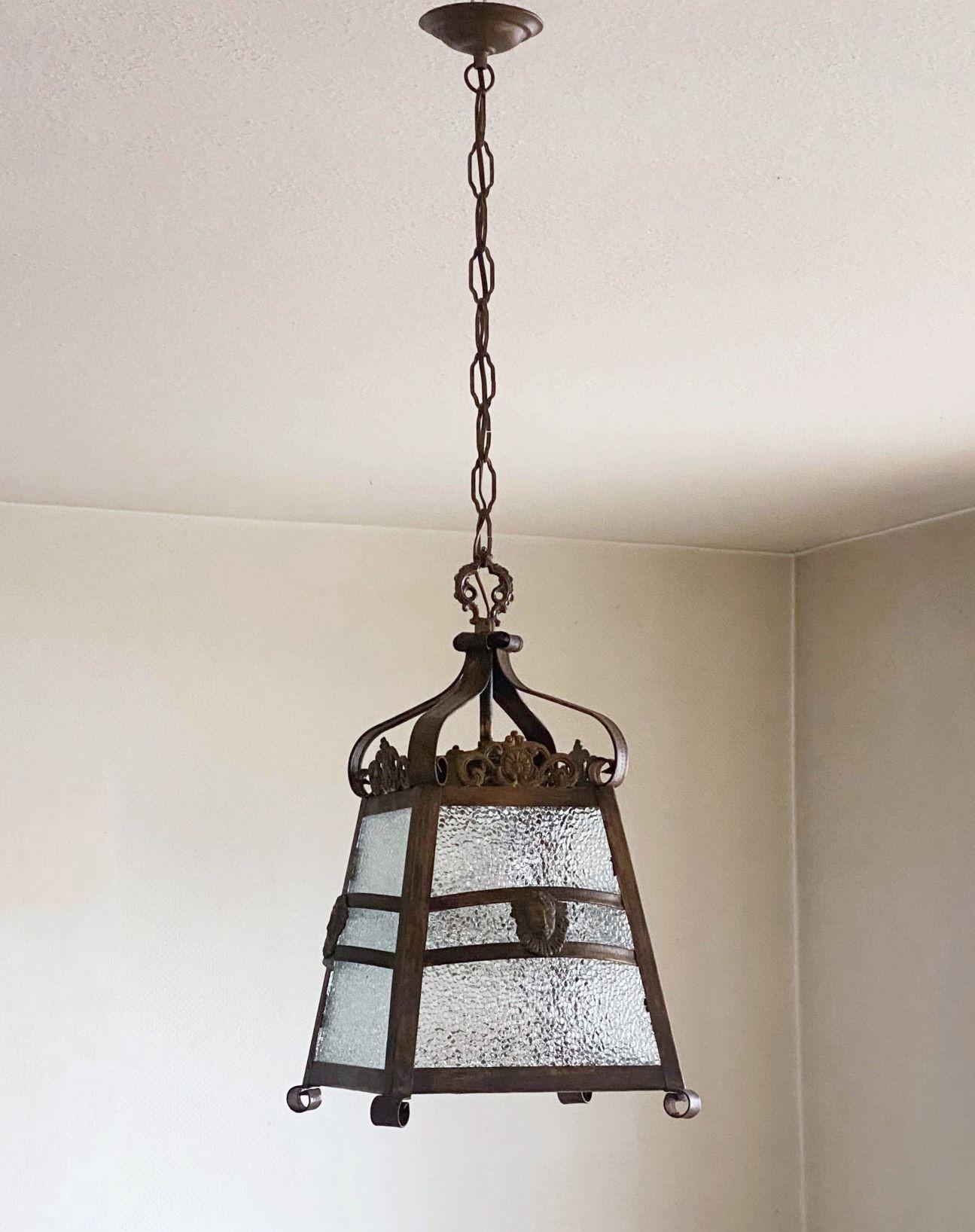 French Art Deco Patinated Iron, Bronze and Glass Four-Sided Lantern, 1930s In Good Condition For Sale In Frankfurt am Main, DE