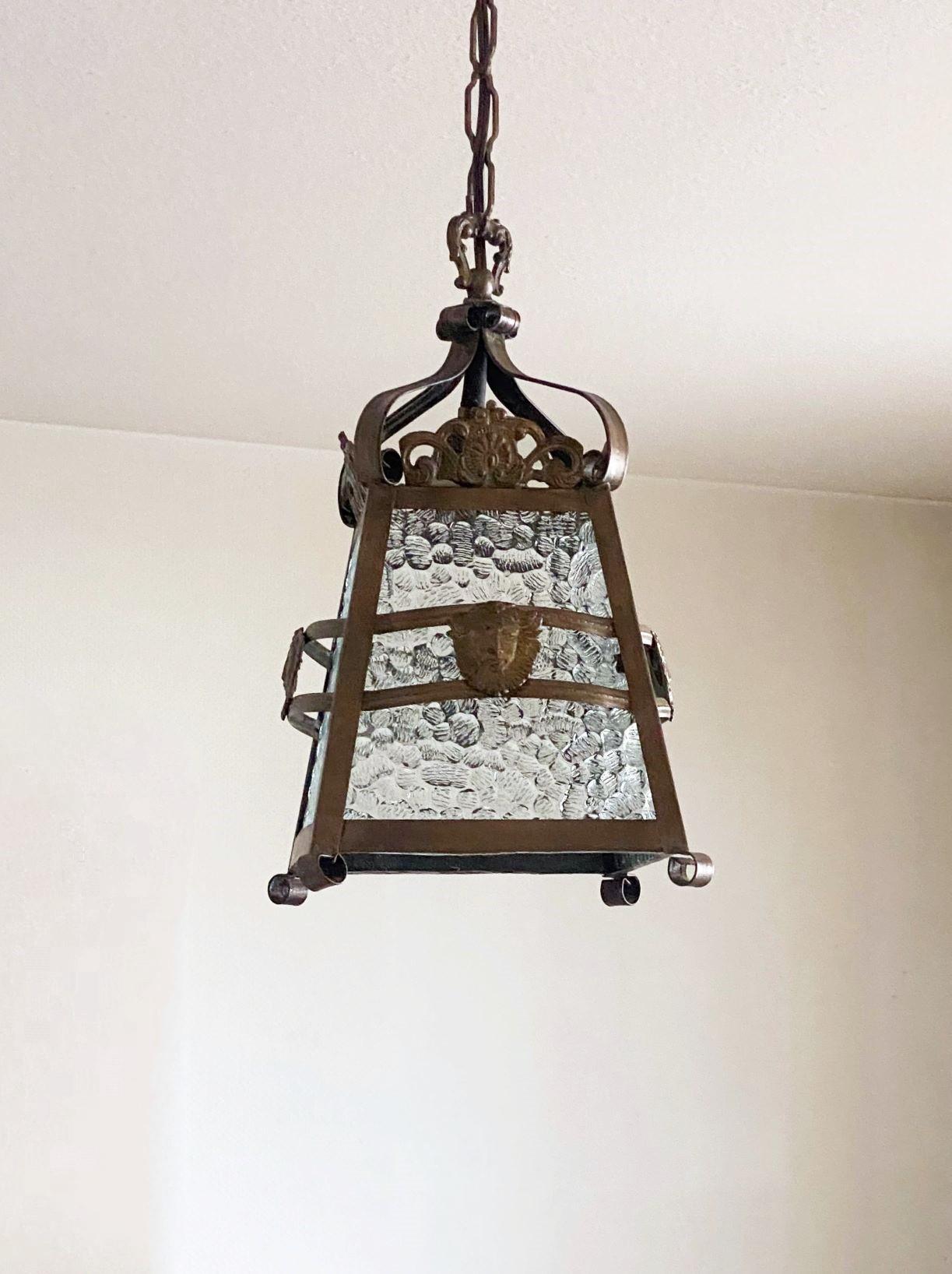 French Art Deco Patinated Iron Bronze and Glass Four-Sided Lantern, 1930s For Sale 1