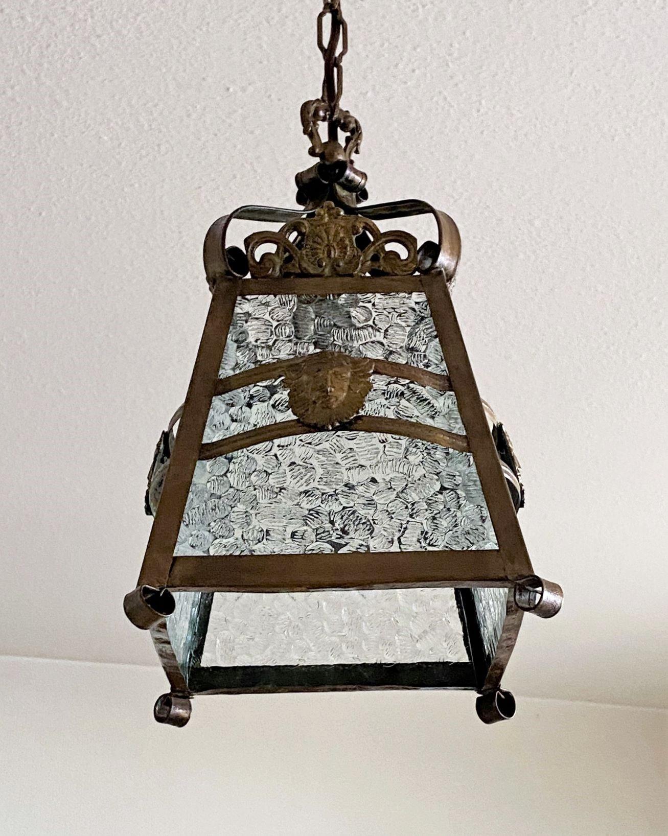 French Art Deco Patinated Iron Bronze and Glass Four-Sided Lantern, 1930s For Sale 2