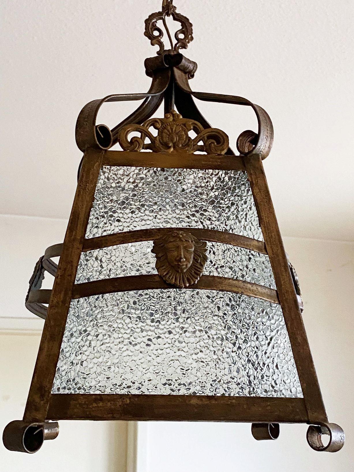 French Art Deco Patinated Iron, Bronze and Glass Four-Sided Lantern, 1930s For Sale 3