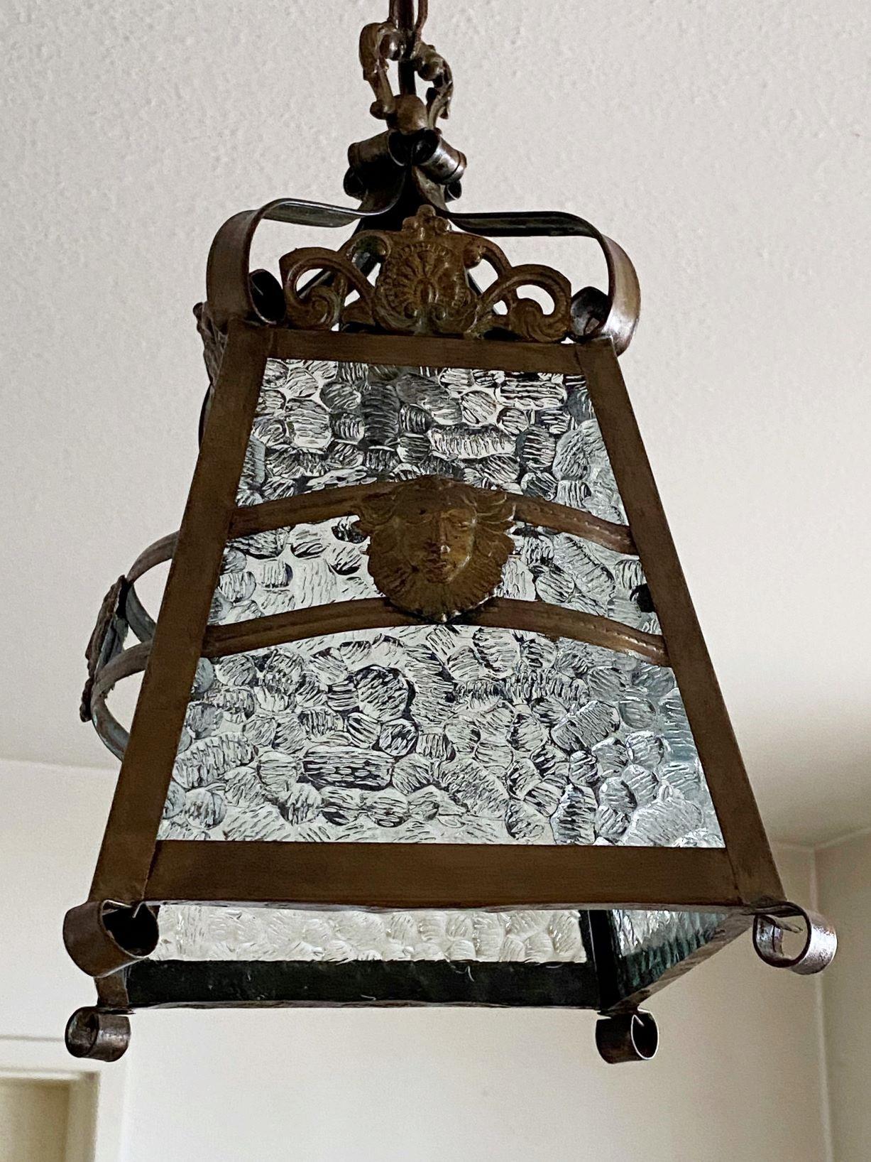 French Art Deco Patinated Iron Bronze and Glass Four-Sided Lantern, 1930s For Sale 3