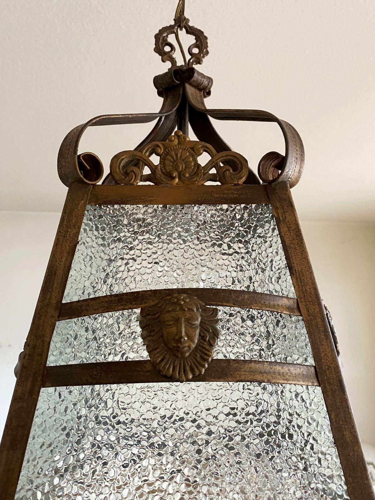 French Art Deco Patinated Iron, Bronze and Glass Four-Sided Lantern, 1930s For Sale 4