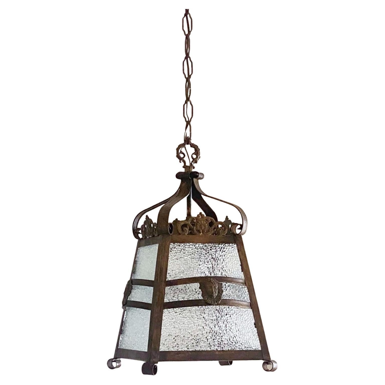 French Art Deco Patinated Iron, Bronze and Glass Four-Sided Lantern, 1930s For Sale
