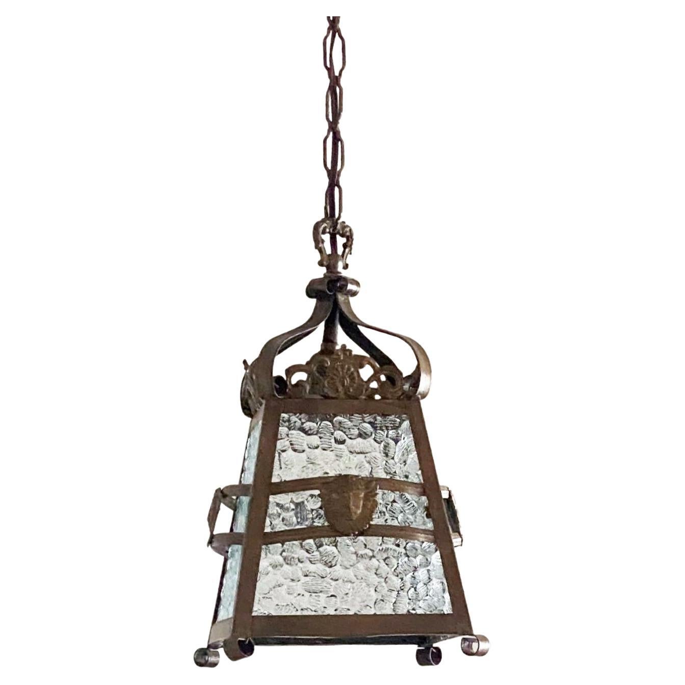 French Art Deco Patinated Iron Bronze and Glass Four-Sided Lantern, 1930s