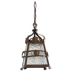 Vintage French Art Deco Patinated Iron Bronze and Glass Four-Sided Lantern, 1930s