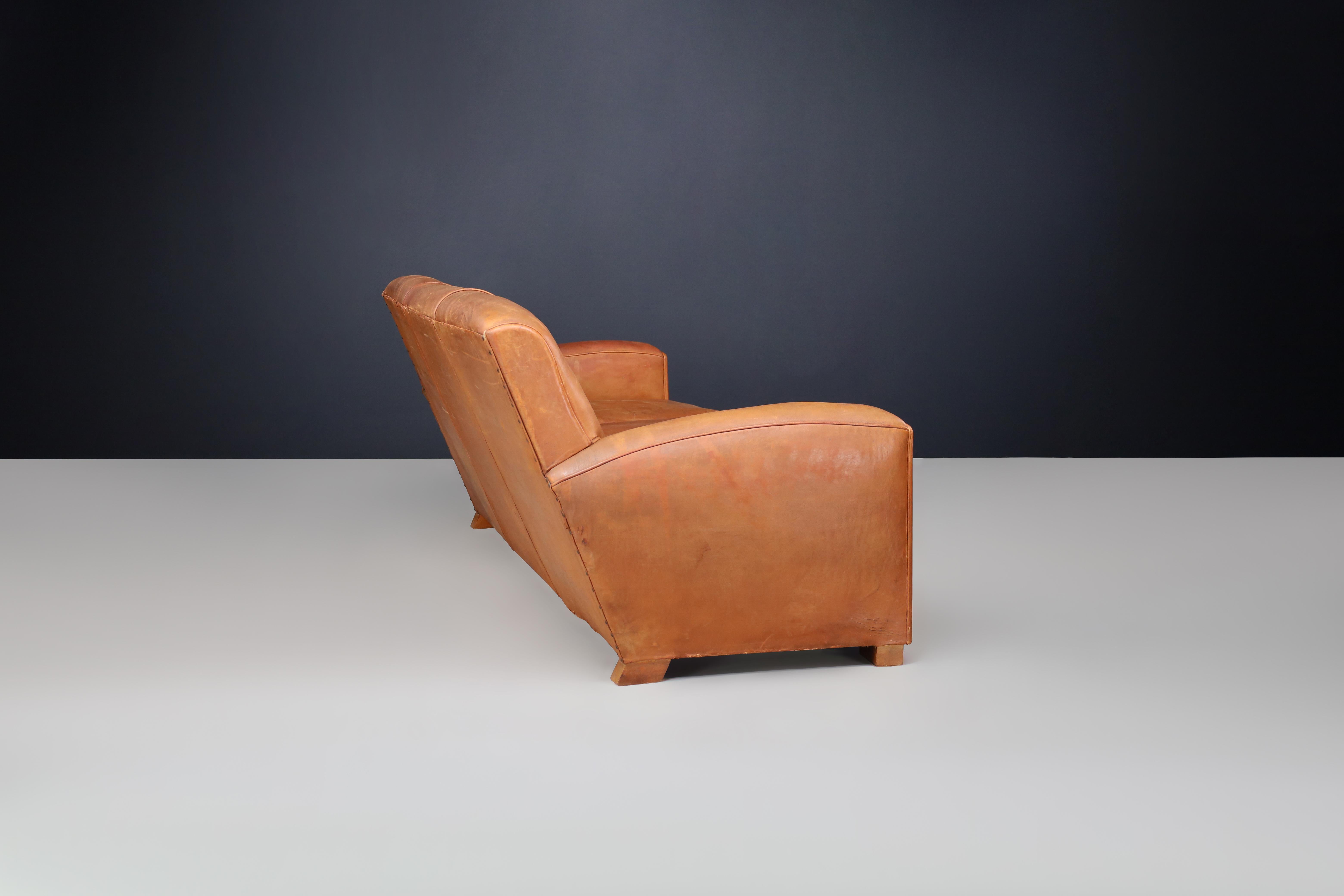 Cuir French Art Deco Patinated Leather Lounge Sofa, France, 1930s en vente