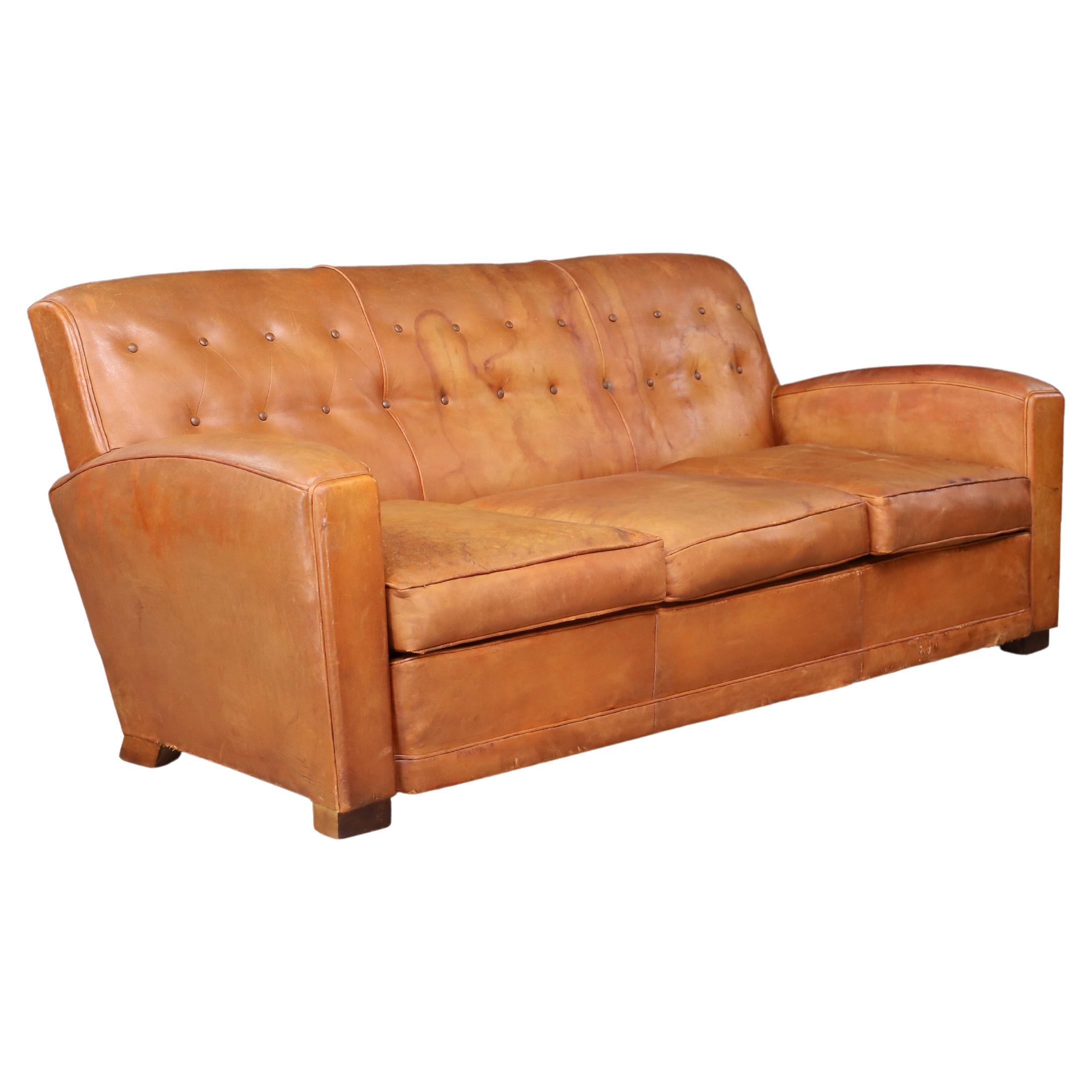 French Art Deco Patinated Leather Lounge Sofa, France, 1930s