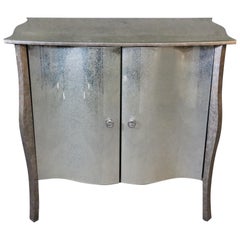 French Art Deco Patinated Mirror and Silver Leaf Glass Commode Two-Door Chest