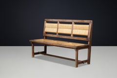 French Art Deco Patinated Oak and Rush Bench, France 1930s, Organic Modern