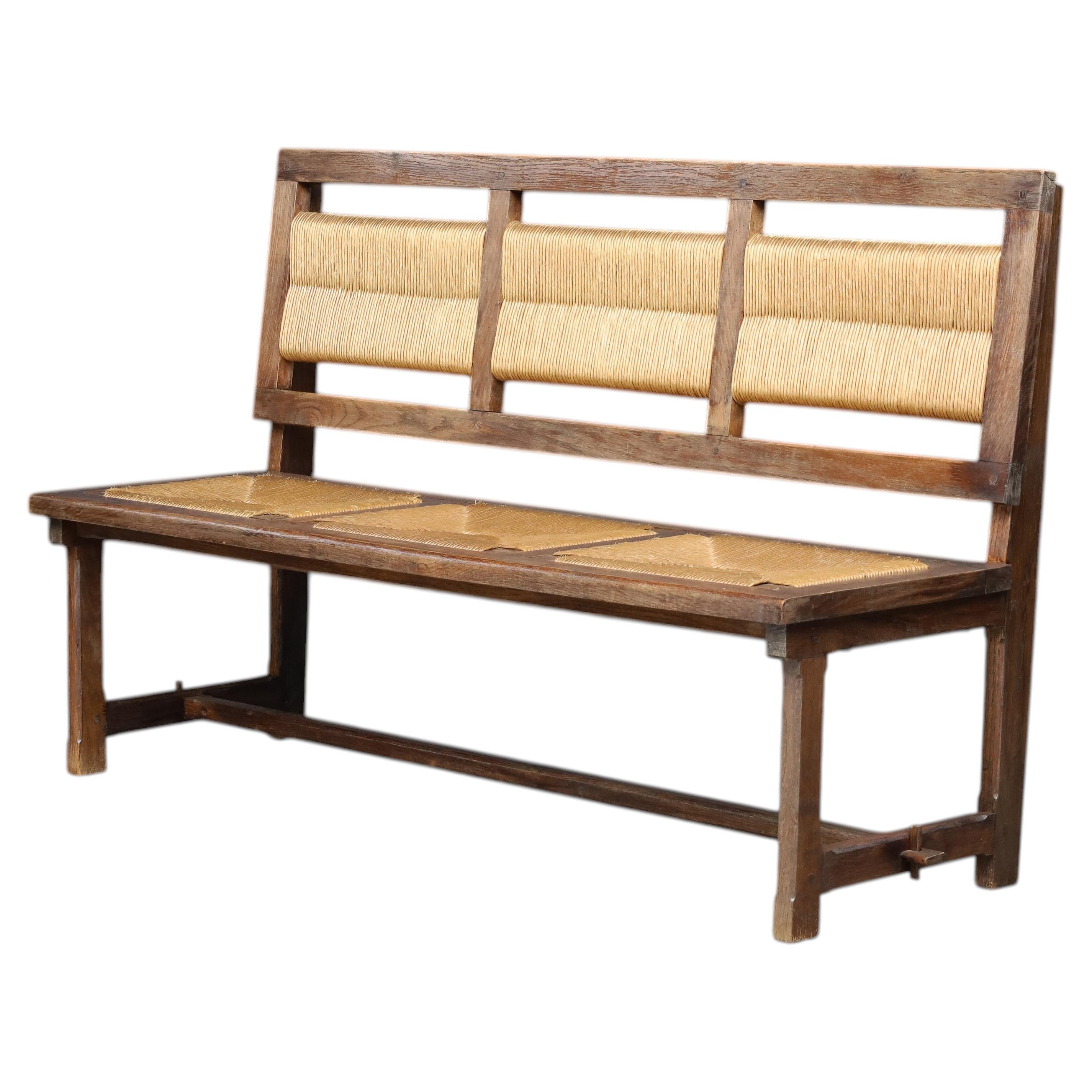 French Art Deco Patinated Oak and Rush Bench, France 1930s, Organic Modern