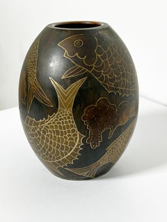 French Art Deco Paul Louis Mergier "Dinanderie" Vase With Fish Motif Ca. 1920s