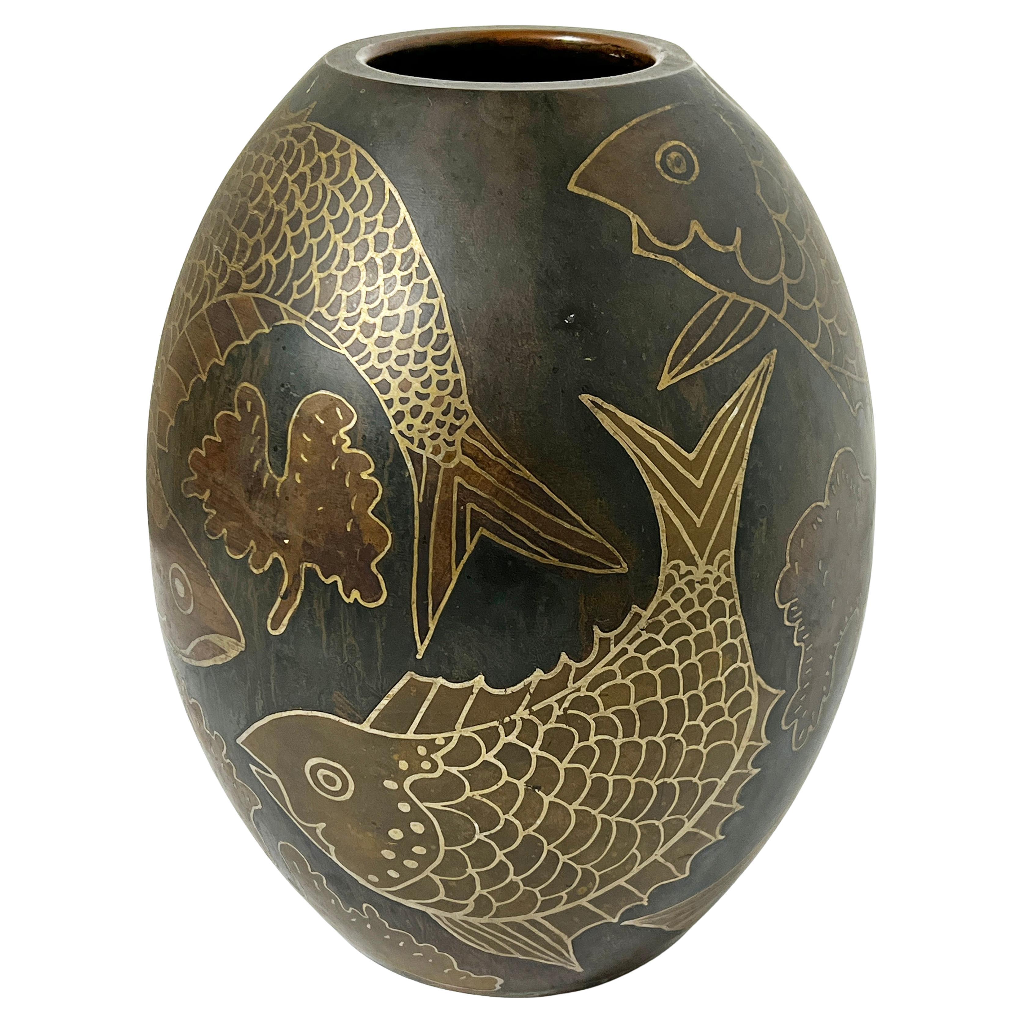 French Art Deco Paul Louis Mergier "Dinanderie" Vase With Fish Motif Ca. 1920s