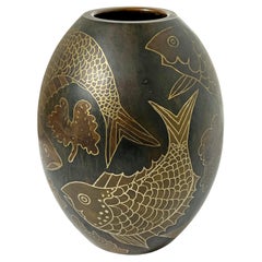 French Art Deco Paul Louis Mergier "Dinanderie" Vase With Fish Motif Ca. 1920s
