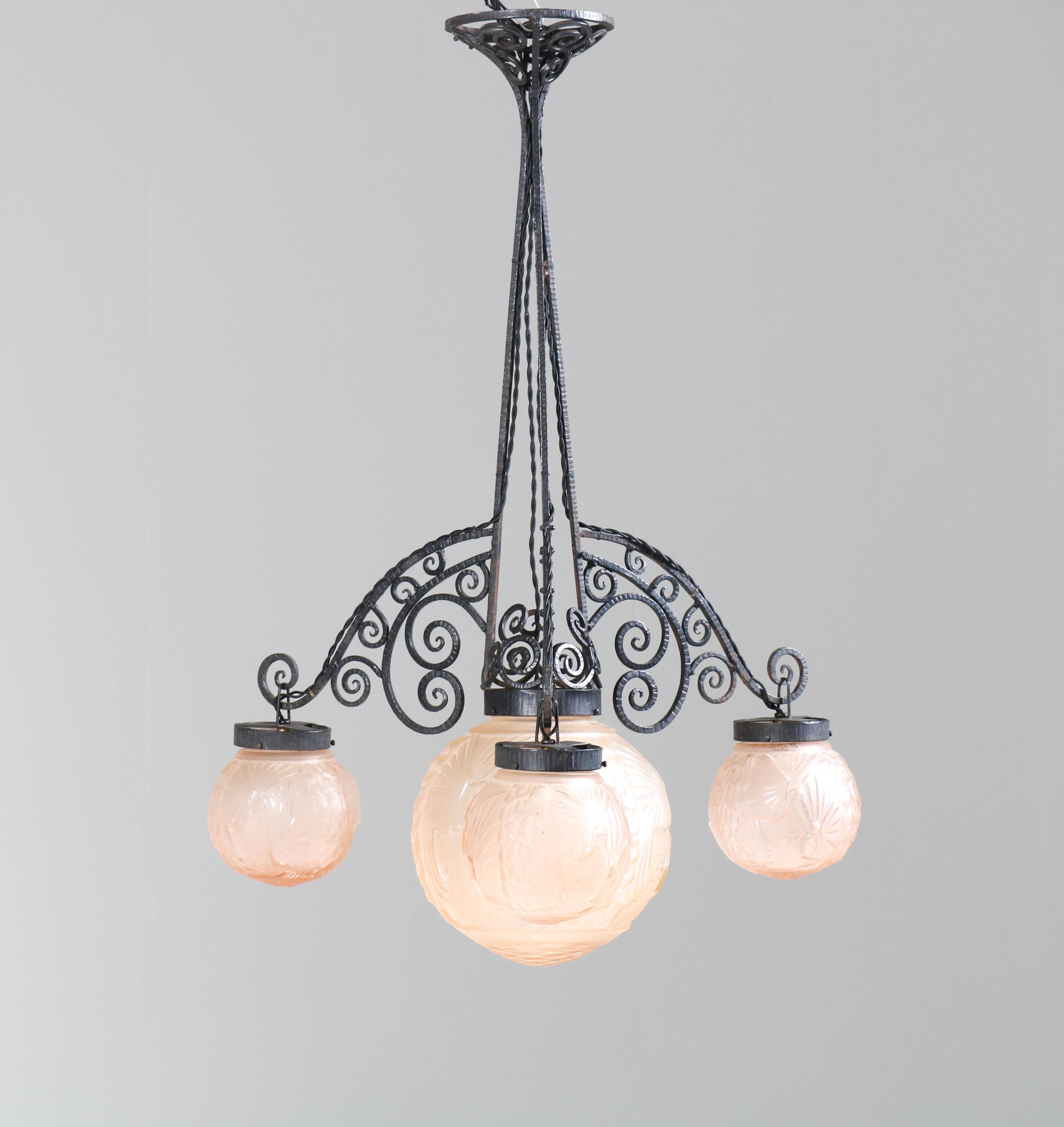 French Art Deco Peacock Glass Chandelier by Muller Frères Luneville, 1930s 5