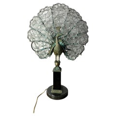 French Art Deco "Peacock" Model Bronze and Crystal Table Lamp, 1940s