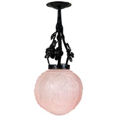 Antique French Art Deco Peacock Pink Glass Pendant by Muller Frères Luneville