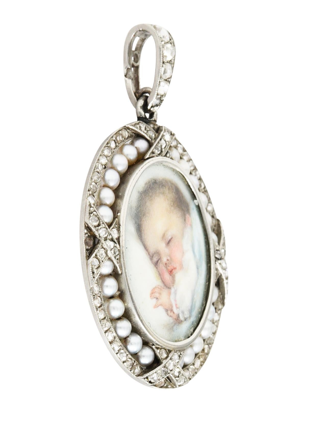 Oval pendant features a delicately hand painted portrait of a sleeping baby. Depicting soft hues and covered by glass - measuring 8.0 x 4.3 mm. With a strung 2.0 mm pearl bead halo - white body color with very strong silver overtones. Encompassed by